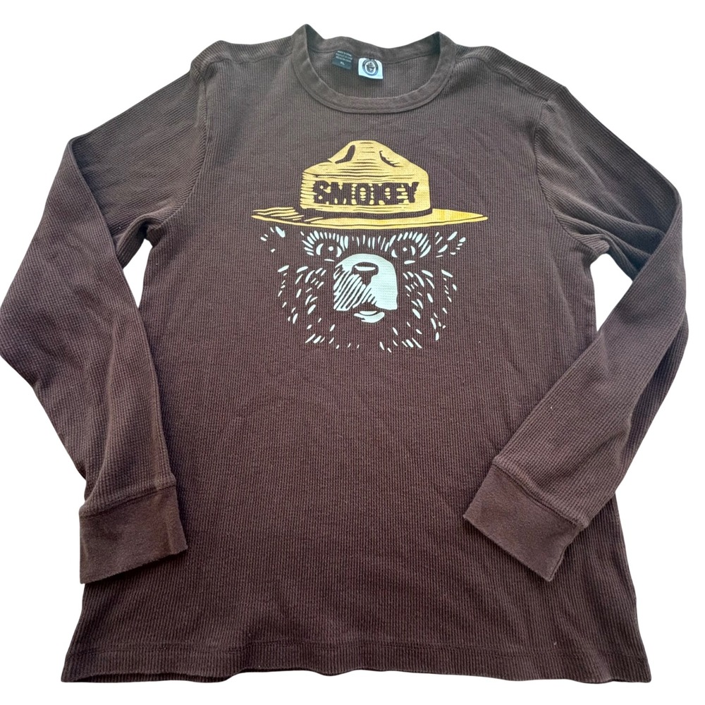 Smokey Bear Thermal Shirt Mens XL Brown Waffle Knit Graphic Gorpcore Official